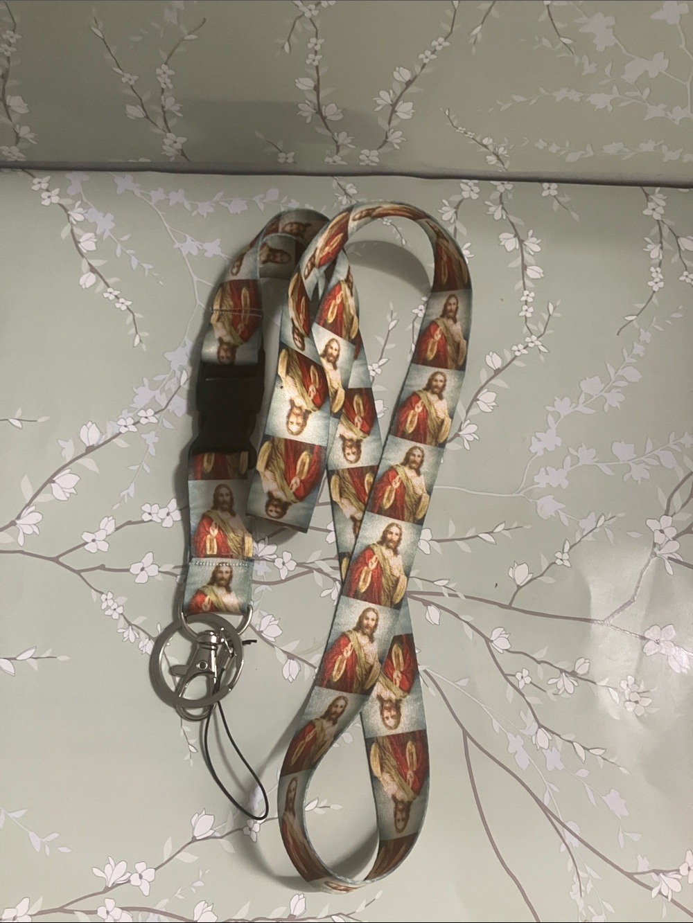 Religious Portrait Print Lanyard in Light Blue and Red